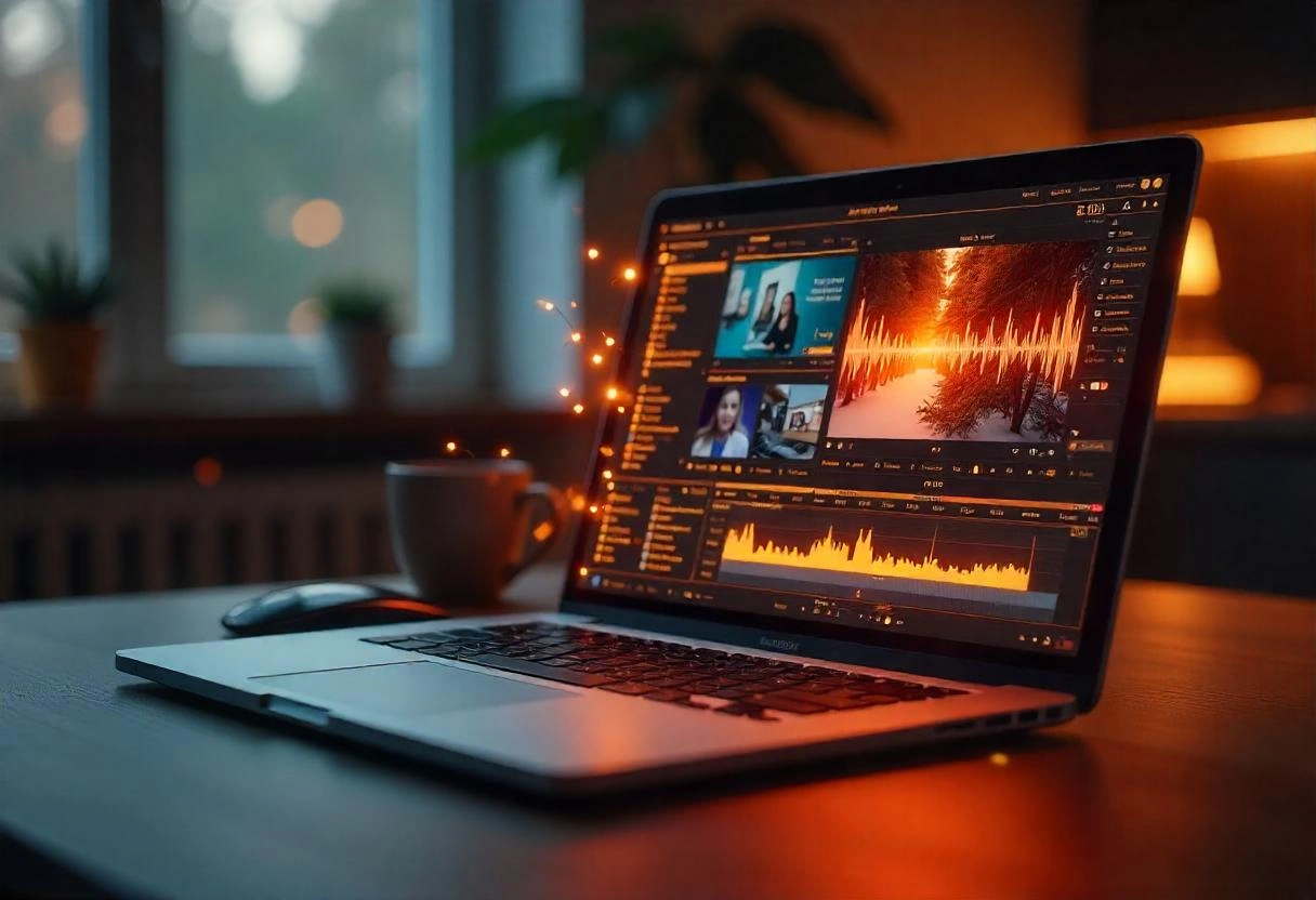 Futuristic AI-powered video editing interface with scripts and slides on a laptop screen