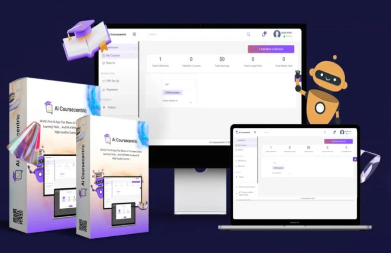 Visual of AI-powered course builder dashboard showing auto-generated modules and a happy creator launching their online course