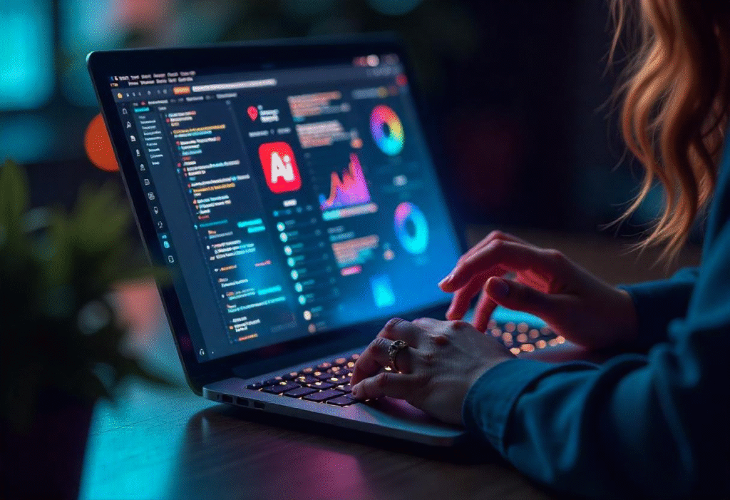 Freelancer using laptop with digital marketing icons for free organic traffic
