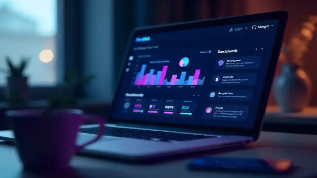 Futuristic AI chatbot dashboard with holographic charts