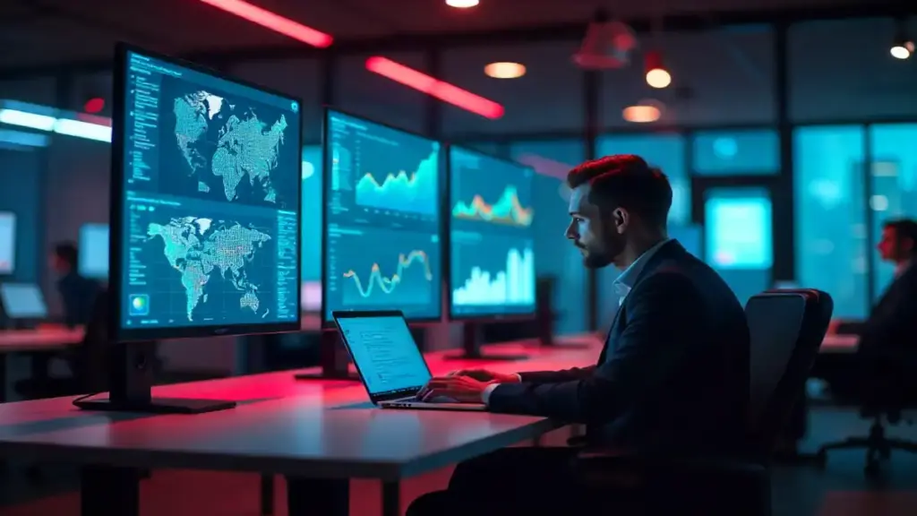 AI-powered local marketing agency workspace with entrepreneur using laptop. AI Email Marketing Tools