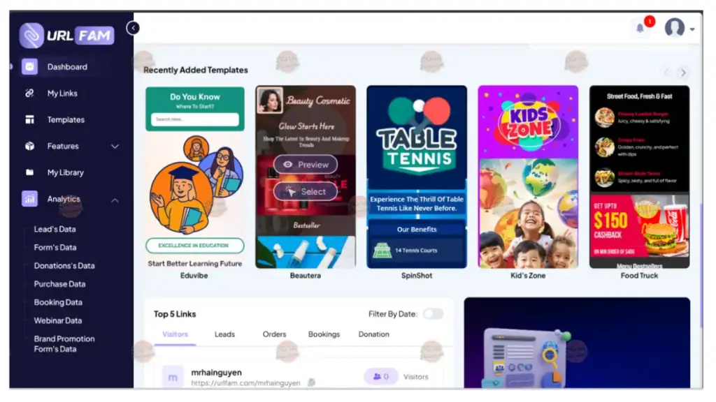 URLFAM mobile marketing platform dashboard on smartphone