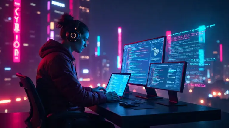 A futuristic 2025 AI environment featuring agents, coding assistants, and multimodal systems interacting with humans.