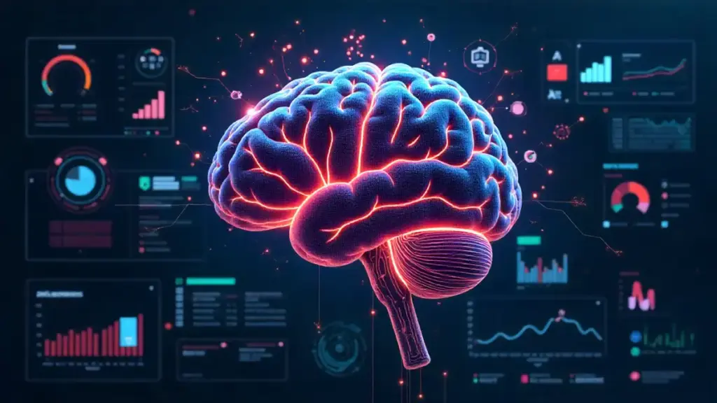 Futuristic AI brain with holographic marketing elements