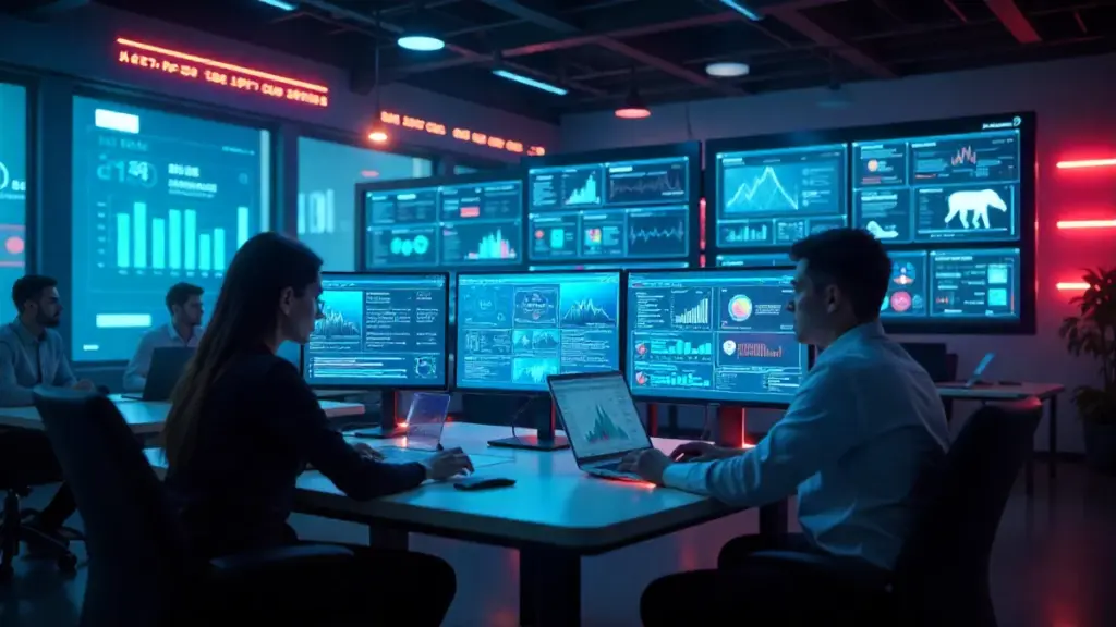 AI content creation software in a high-tech digital workspace