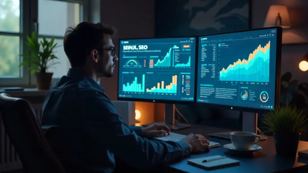 AI-powered SEO tools workspace with analytics and keyword research dashboards