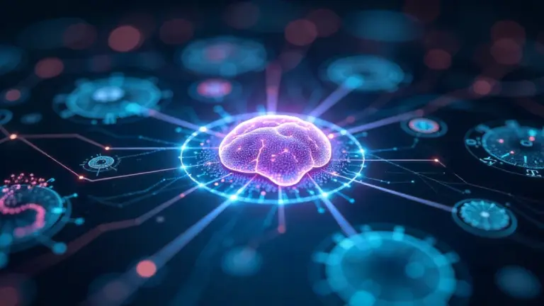 AI tools setup in a futuristic digital workspace with holographic interfaces.