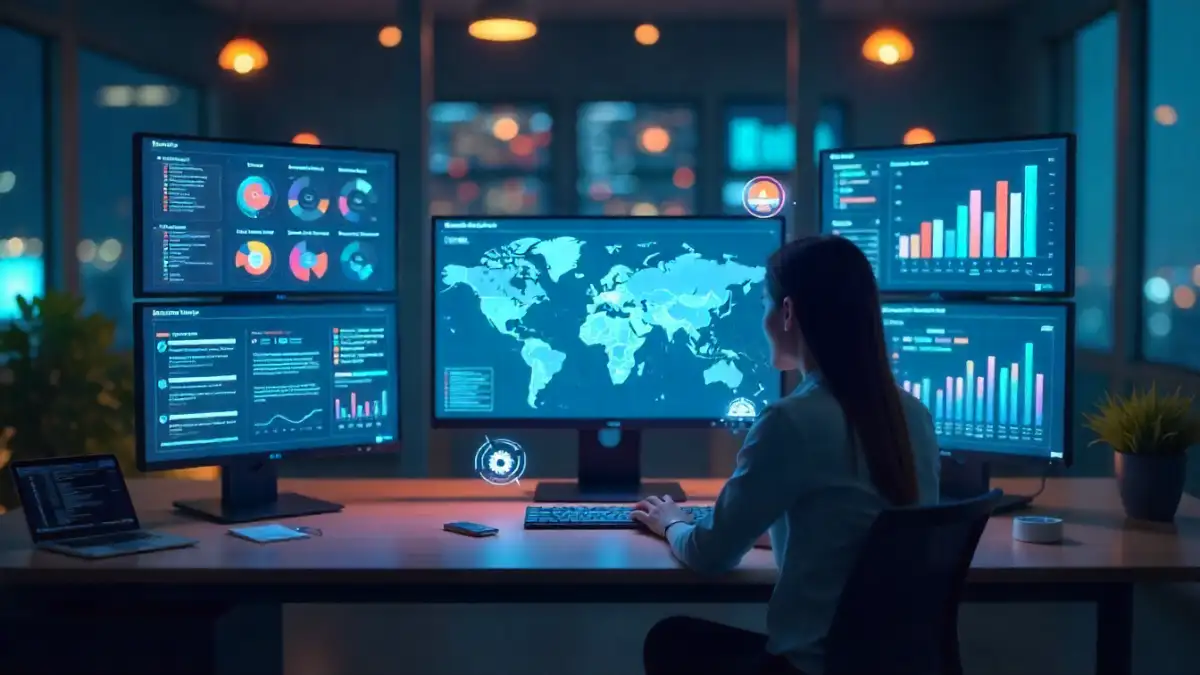 Futuristic AI workspace with holographic AI tools