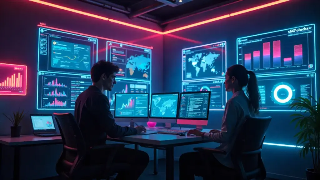 AI software review futuristic workspace illustration