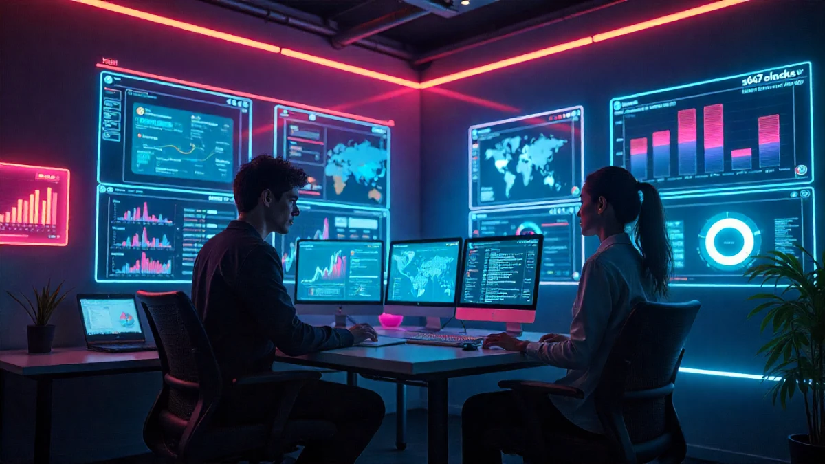 AI software review futuristic workspace illustration