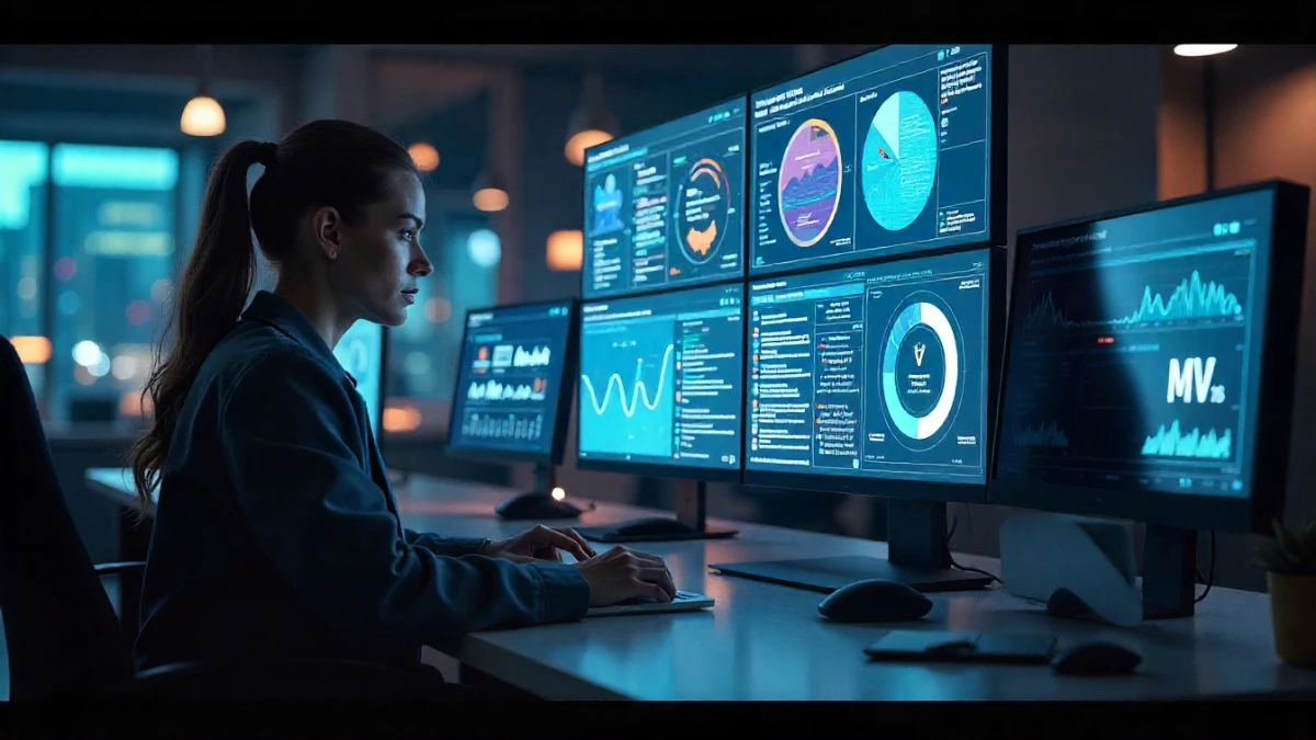 Futuristic AI workspace with multiple screens, holograms, and an AI assistant interacting with a developer