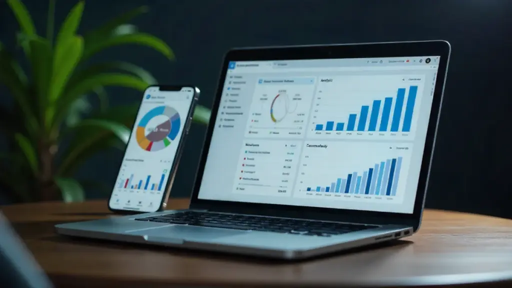 Modern CRM dashboard interface on laptop and mobile