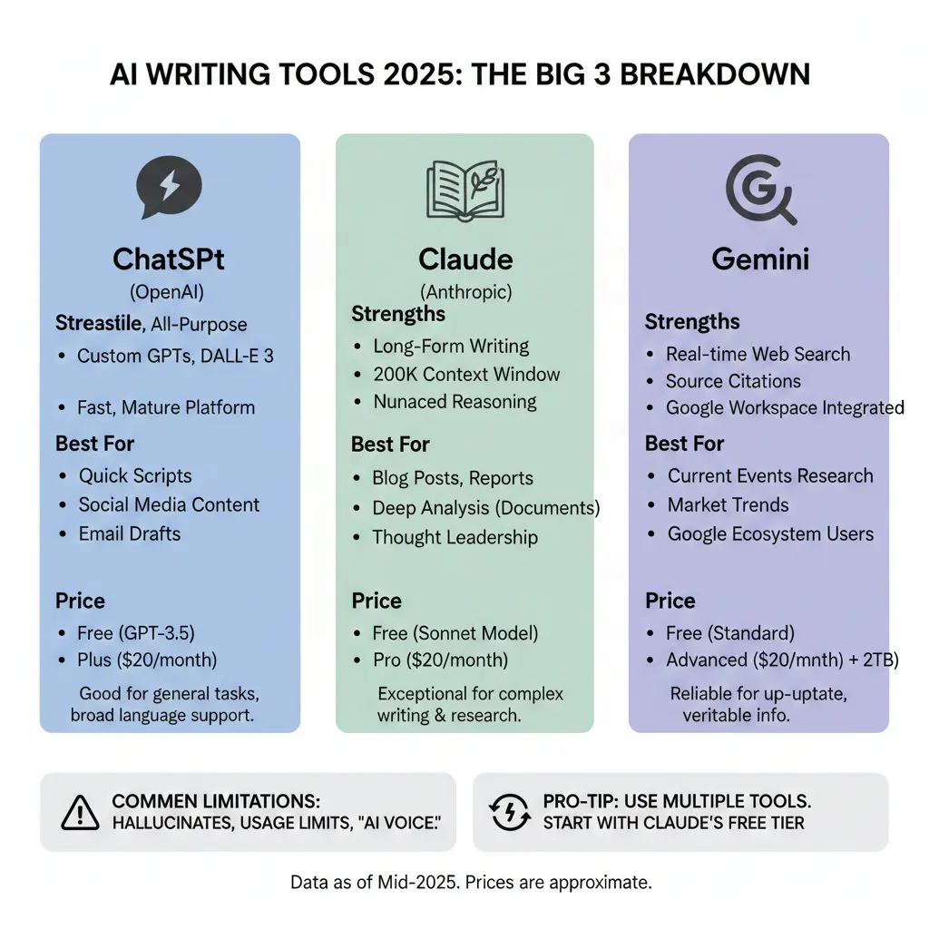 AI writing tools comparison showing ChatGPT Claude and Gemini for content creation
