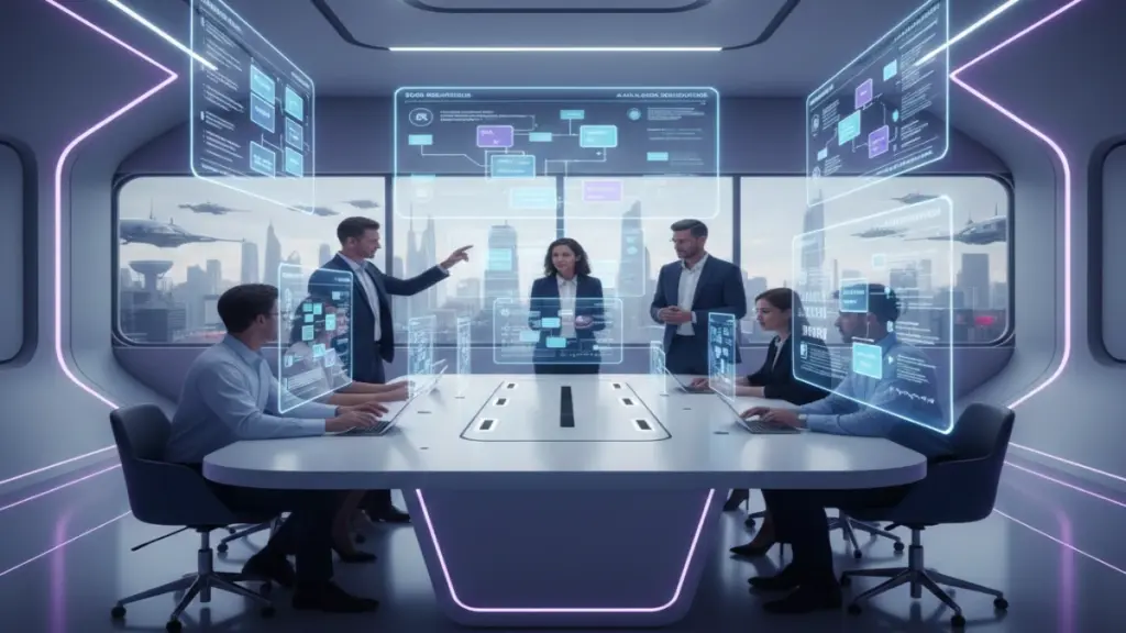 Futuristic no-code AI dashboard with holographic interfaces