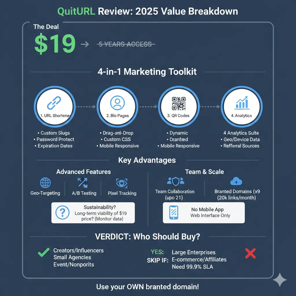 QuitURL dashboard showing link analytics and QR code features