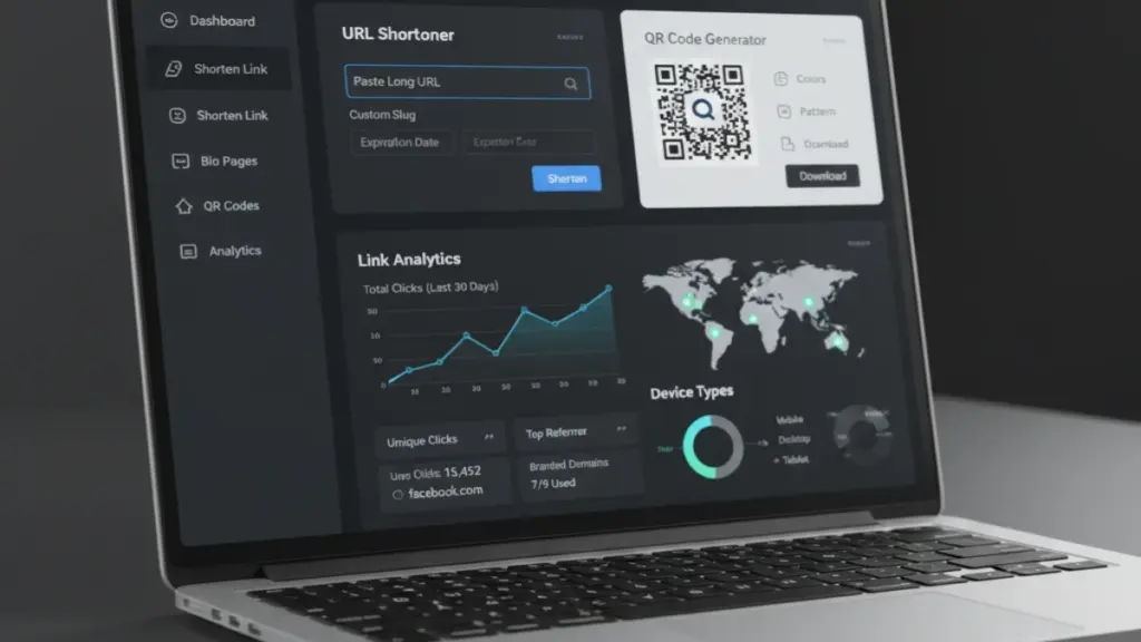QuitURL link analytics dashboard with click tracking and geo data