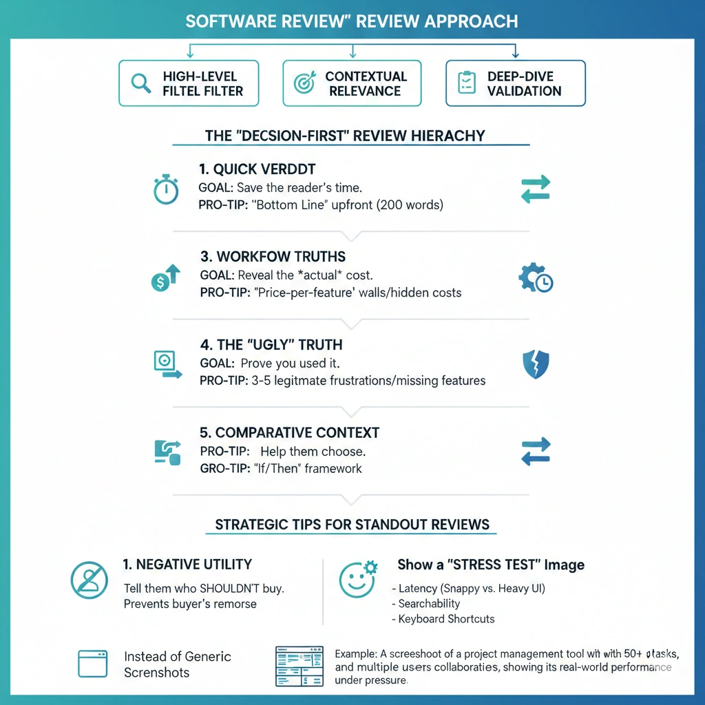 Software review template showing how to evaluate tools before buying