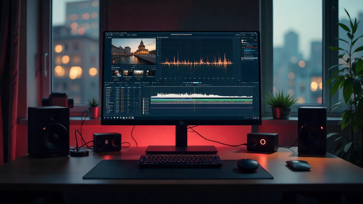 Professional video editing workspace with modern software
