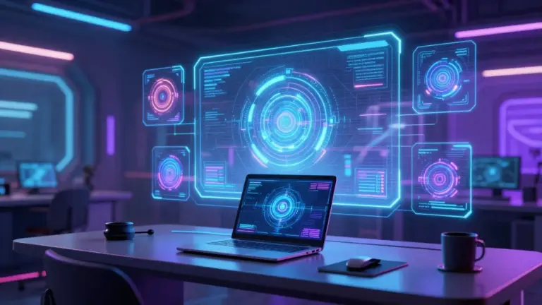 Free AI tools comparison dashboard with futuristic workspace