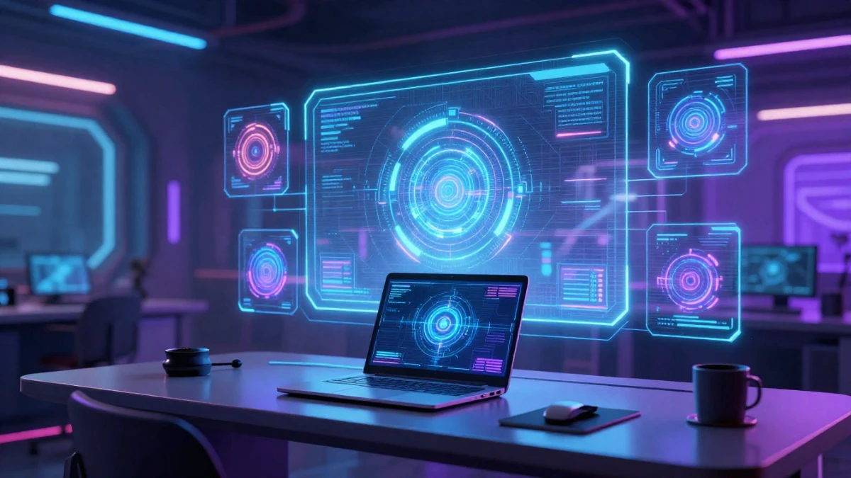 Free AI tools comparison dashboard with futuristic workspace