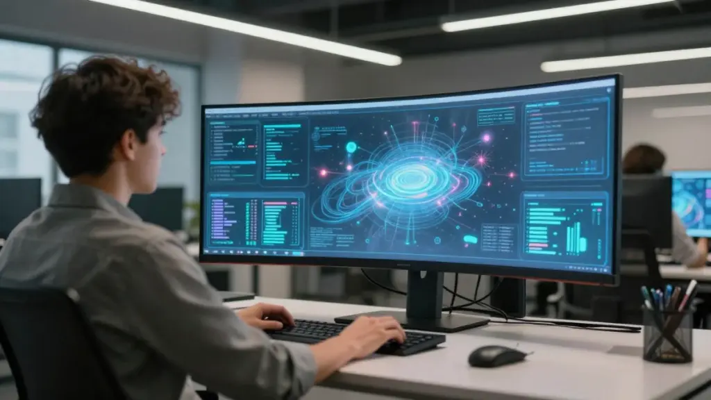 AI analyst working in a futuristic 2025 workspace with holographic multimodal tools.