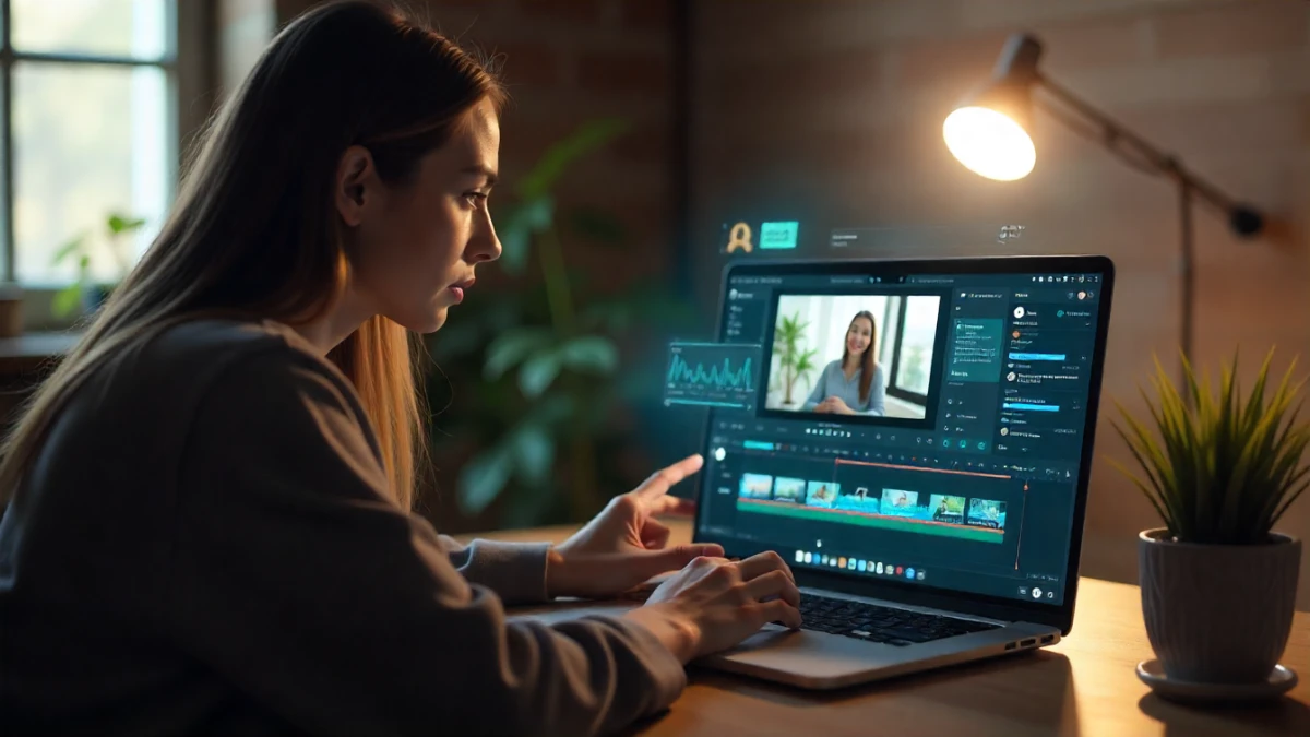 AI video editing tools dashboard with creator working on laptop