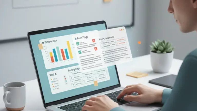 Person comparing software reviews on a laptop