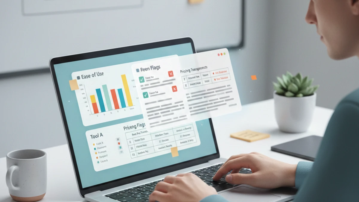 Person comparing software reviews on a laptop