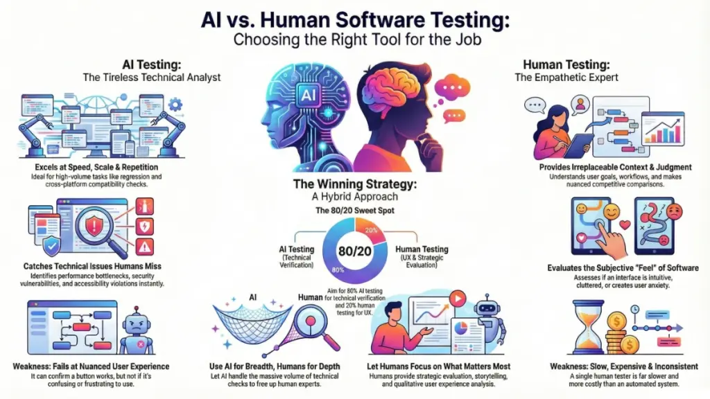 Human reviewer analyzing software alongside AI dashboard