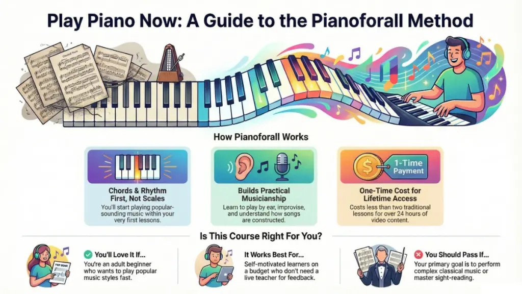Adult beginner practicing piano at home