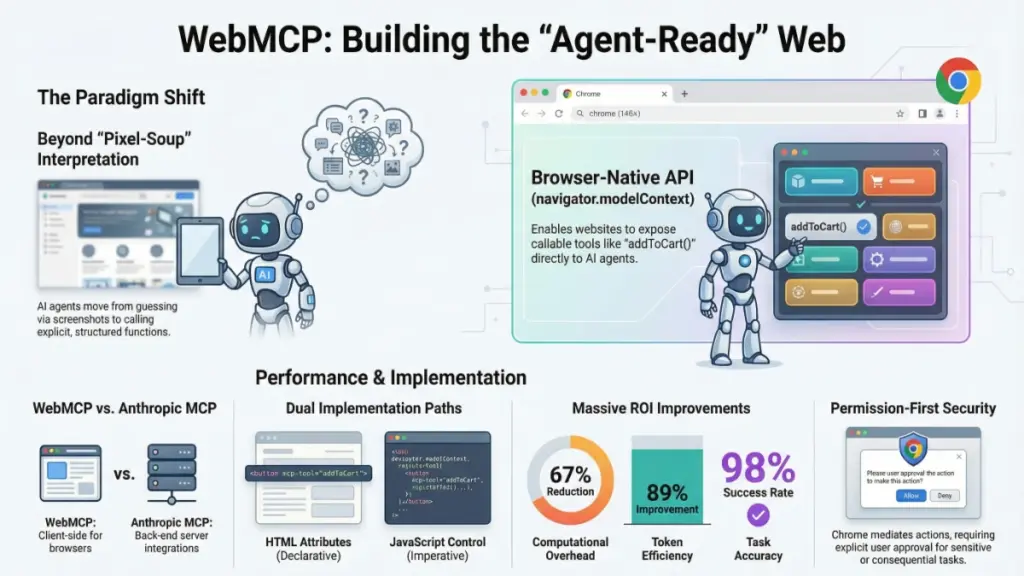 Comparison between WebMCP and Anthropic MCP showing browser-based vs backend AI protocol architecture