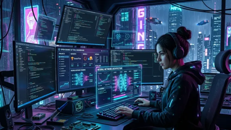 Open source AI tools dashboard with developer analyzing models and workflows