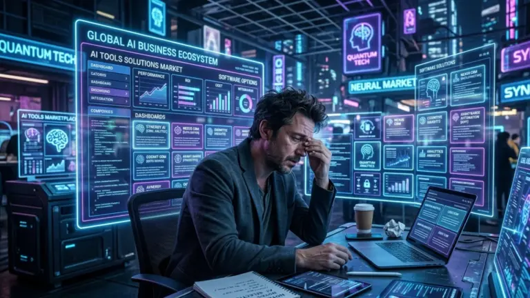 Business owner analyzing multiple software dashboards to choose the best tool