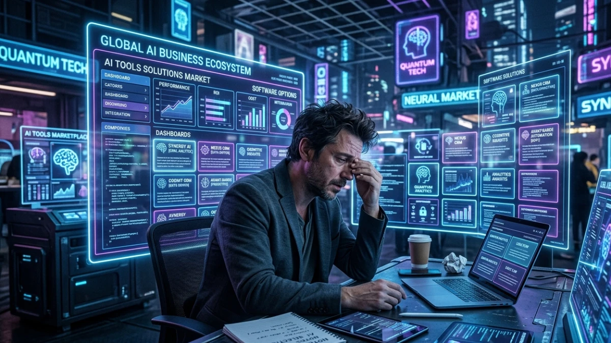 Business owner analyzing multiple software dashboards to choose the best tool