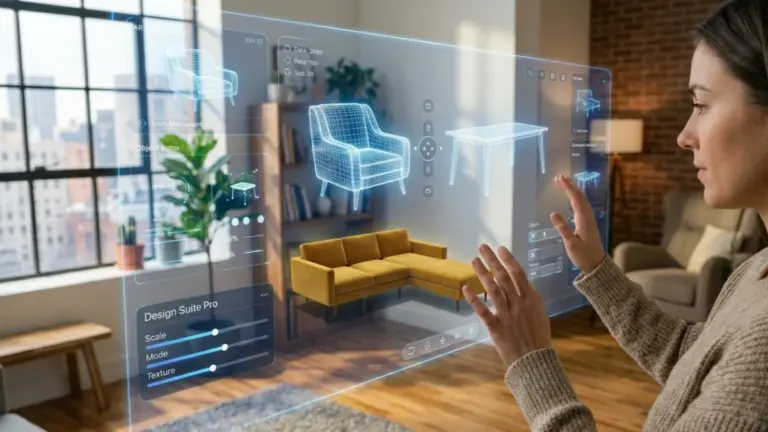 AR home planner app visualizing furniture in a modern living room