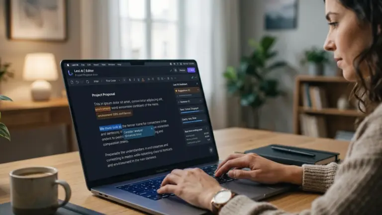 AI proofreading software correcting grammar and style in real time on laptop screen