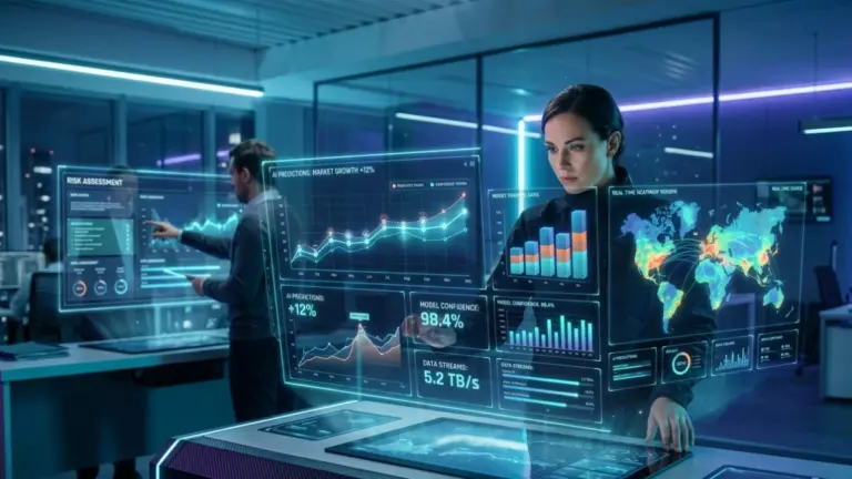 AI data analytics dashboard showing predictive charts and automated insights