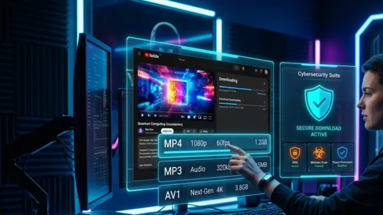 Person using a YT converter tool with secure download interface on laptop