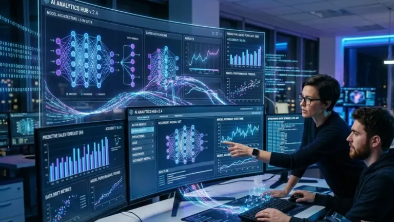 Machine learning dashboard showing predictive analytics models for business teams