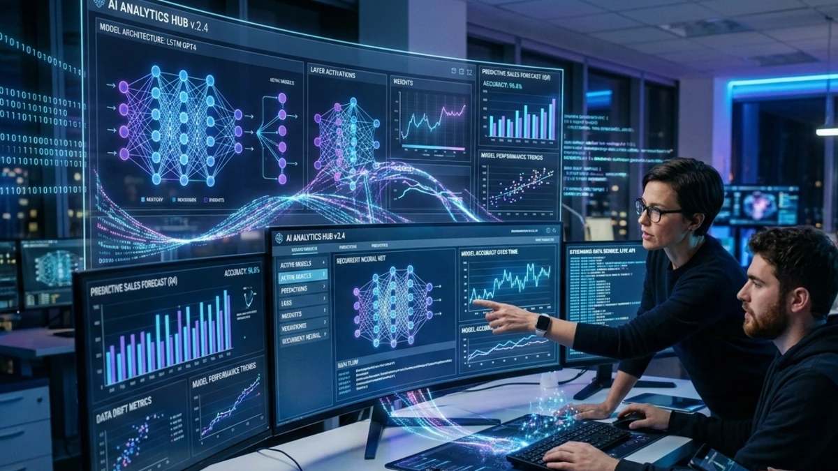 Machine learning dashboard showing predictive analytics models for business teams