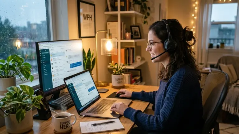 remote live chat support agent working from home setup