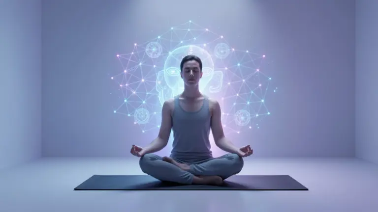 AI meditation app interface guiding a person in a calm environment