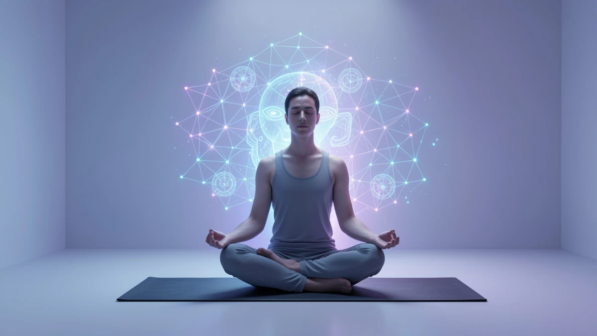 AI meditation app interface guiding a person in a calm environment