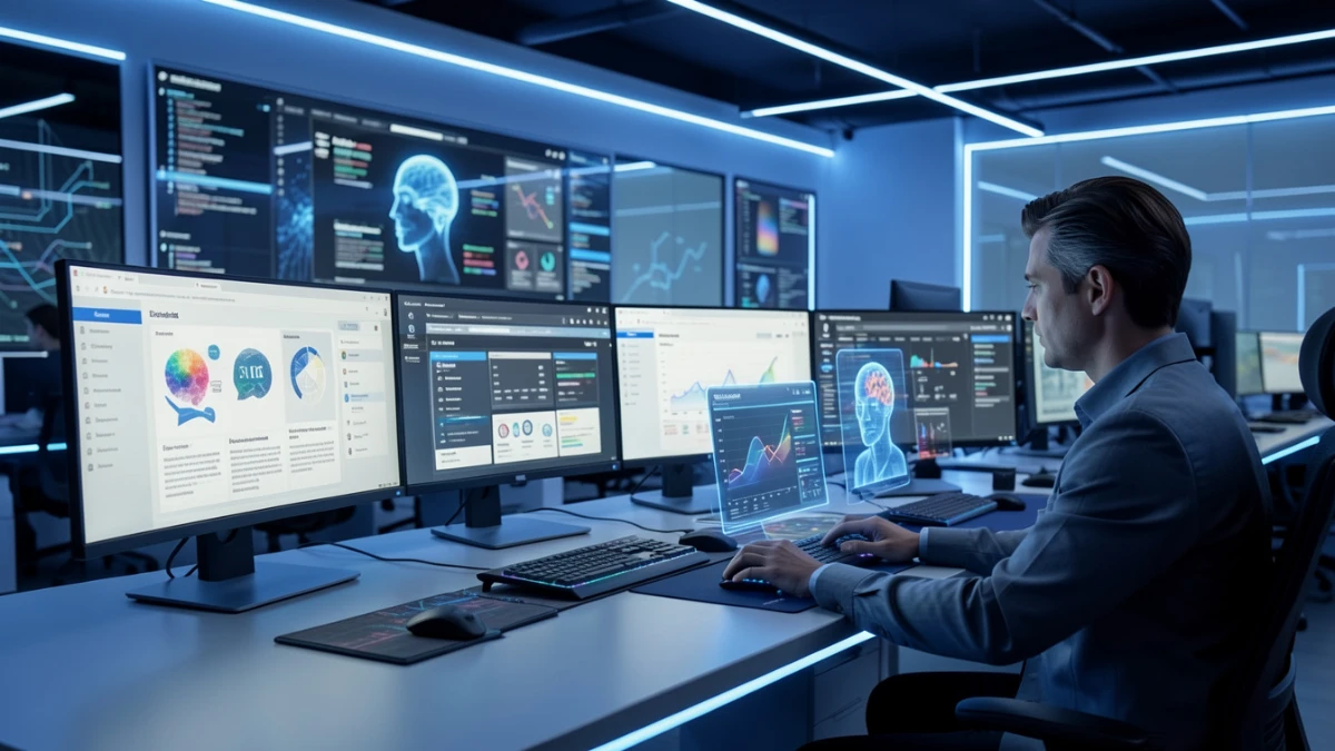 analyst comparing different AI tool review websites on multiple monitors to identify trustworthy recommendations