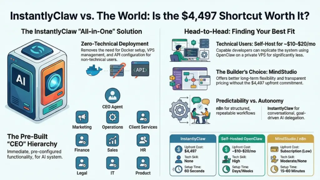 Comparison between InstantlyClaw, n8n, and MindStudio platforms