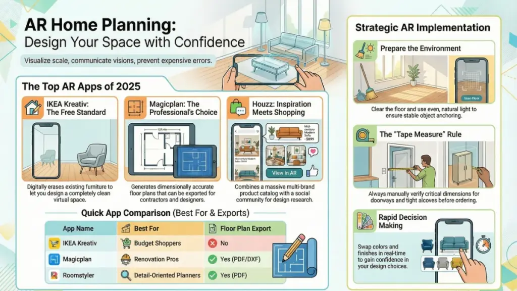 User designing room layout with AR smartphone application