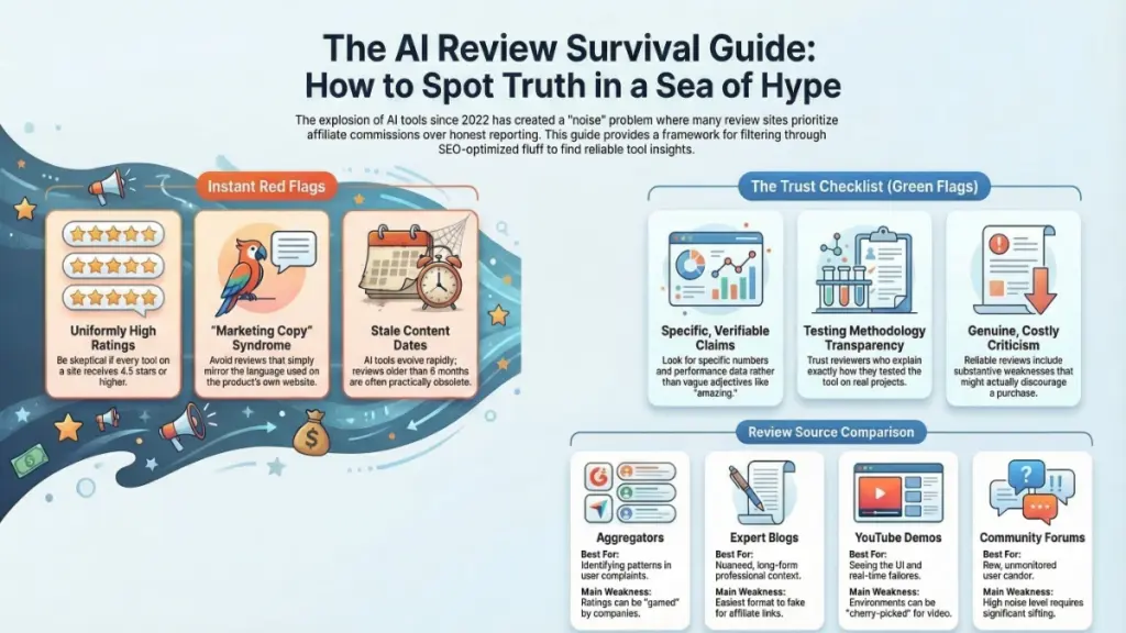 digital marketer evaluating AI software reviews and ratings to avoid biased recommendations