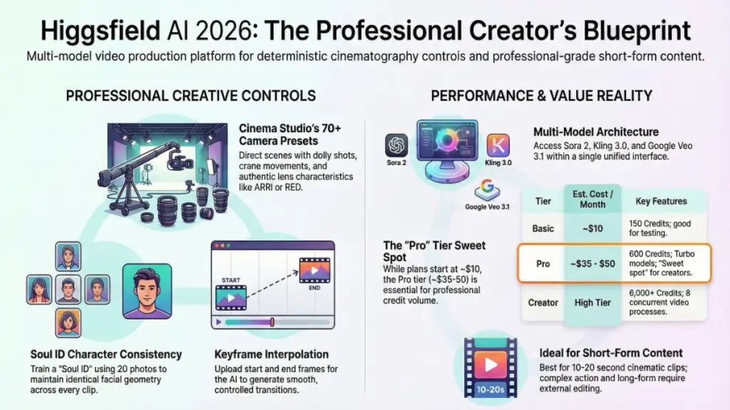 Higgsfield AI Cinema Studio 2.0 interface showing cinematic camera controls and AI video generation tools.