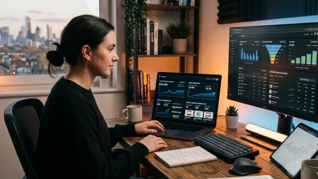 person building online income using laptop with marketing analytics and email campaigns