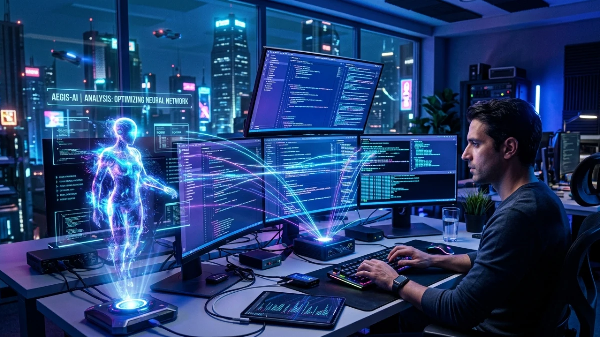 AI software development workspace with coding assistant hologram